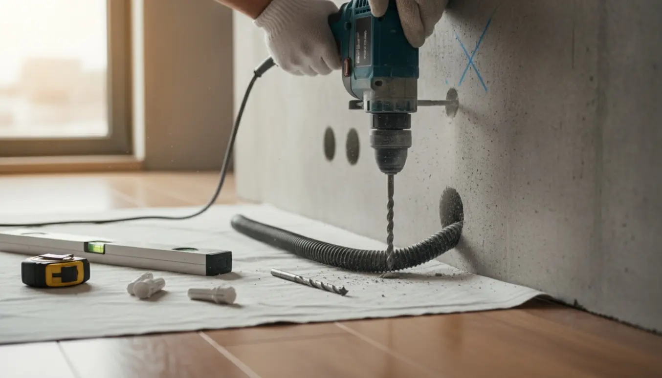 Nærbillede af handske‑beklædte hænder, der borer i en ny betonvæg med en slagboremaskine, omgivet af bor, rawlplugs og måleværktøj.