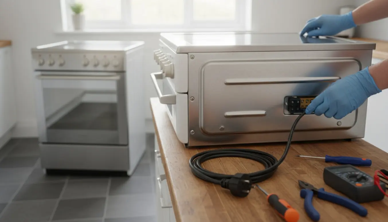 Hænder ved bagsiden af et komfur med afmonteret kabel og værktøj på et køkkenbord.