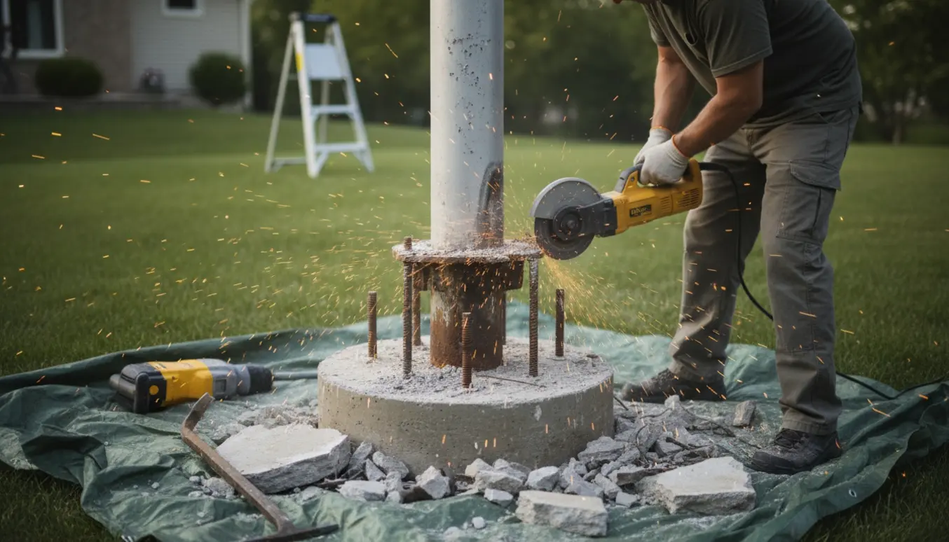 Nærbillede af fjernelse af en 1,5 m høj beton­sokkel til flagstang med skæresav og brudte betonstykker.