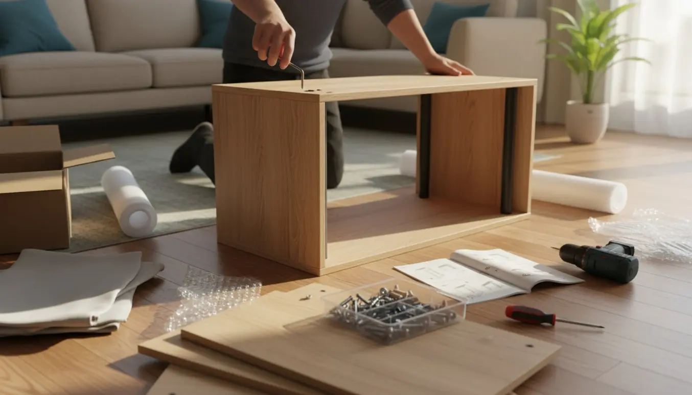 Nærbillede af samling af nyt tv-bord og reol i stuen med værktøj og emballage klar til afhentning.