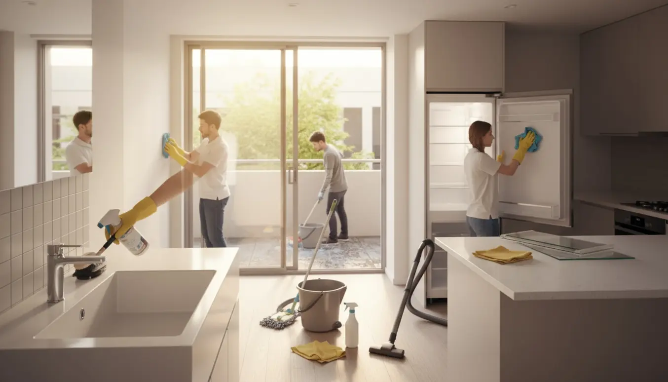 Professionelle gør grundig fraflytningsrengøring i en lys lejlighed med åbent køleskab, rengøring af armatur og rengøringsudstyr på gulvet.