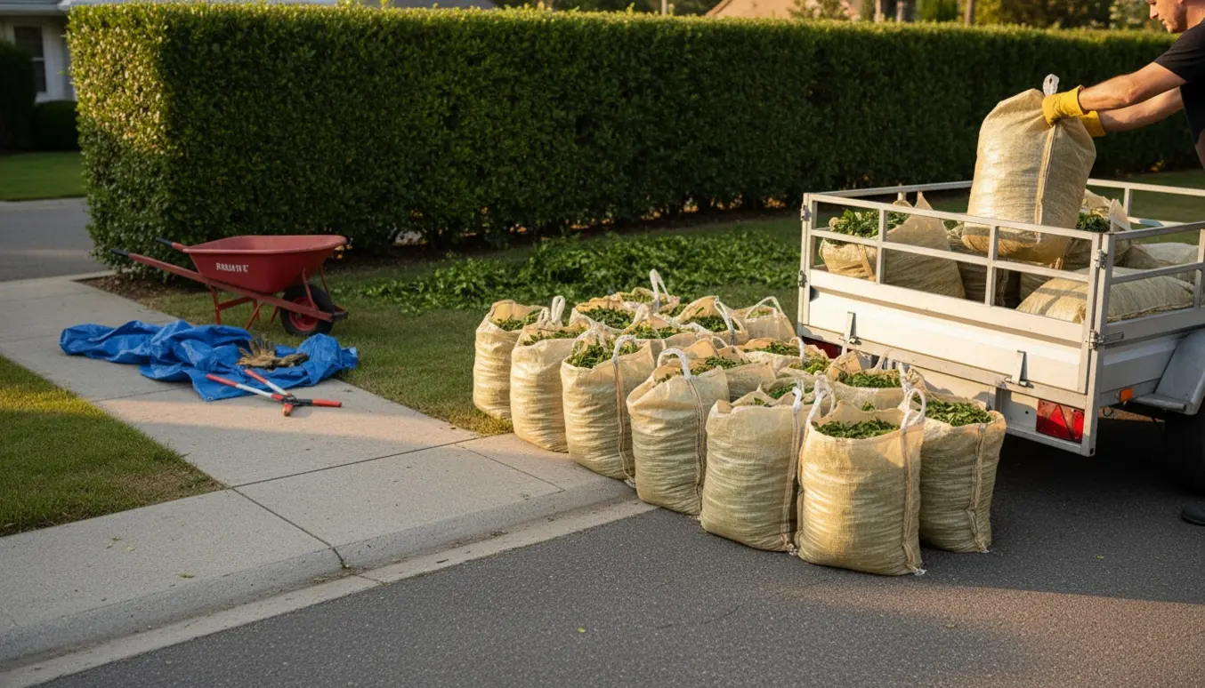 Sække med nyslået hækafklip stablet i indkørslen ved en åben trailer klar til afhentning.