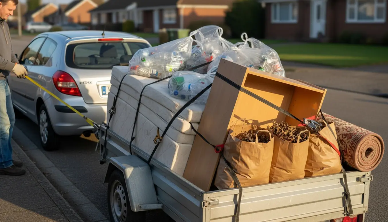 Åben trailer fyldt med sække med tomme flasker og storskrald, en person spænder en strop ved fortovet.
