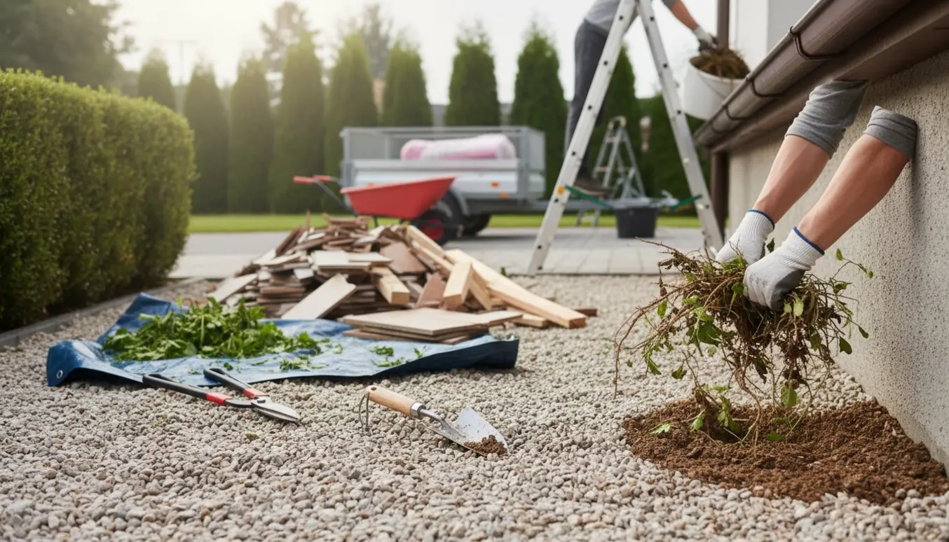 Hænder fjerner ukrudt i grus ved huset, med klippet hæk, rensede tagrender og byggeaffald i trillebør klar til genbrug.