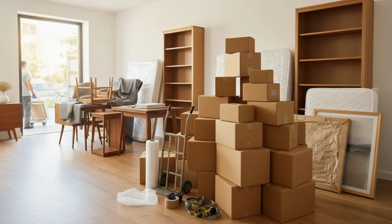 Stue midt i en flytning med stabler af flyttekasser, madrasser og møbler klar til transport.