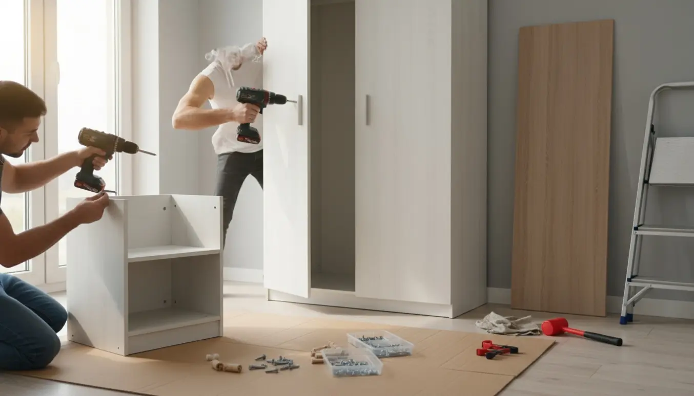 Delvist samlet stort klædeskab og mindre skab i lyst soveværelse med værktøj på gulvet.