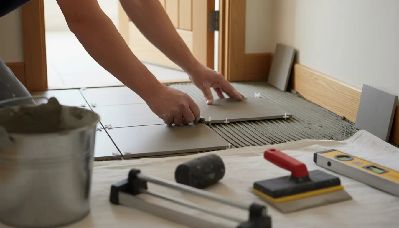 Hænder lægger porcelænsfliser i en lys gang med flisekryds og værktøj i forgrunden.