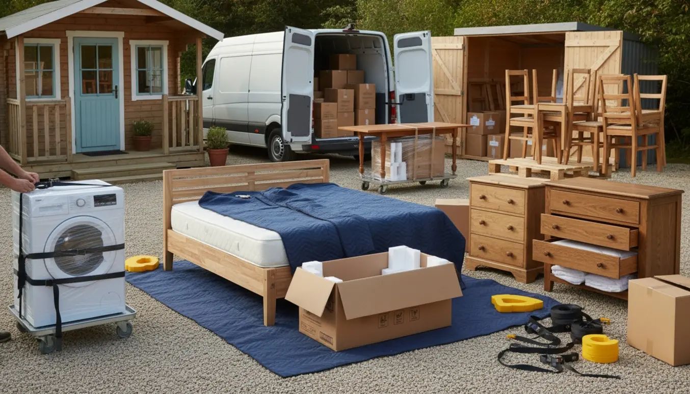 Flyttebil ved sommerhus med indpakkede møbler som vaskemaskine, seng, kommoder og adskilte bordben klar til flytning.