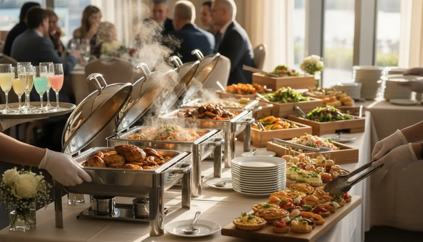 Buffet ved barnedåb med velkomstdrinks, varm mad og hænder, der rydder tallerkner.