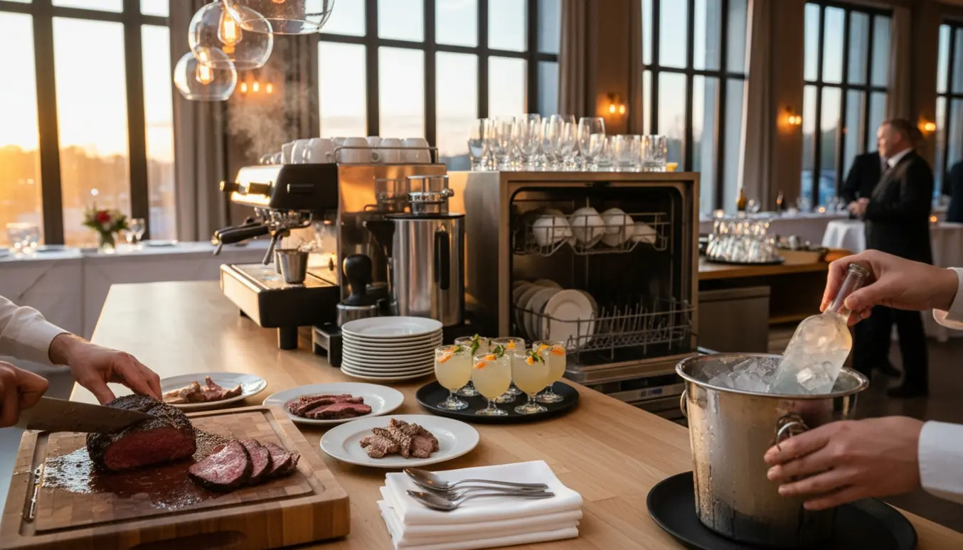 Cateringperson skærer kød, sætter drikke i is og laver kaffe i et selskabslokale med slørede gæster i baggrunden.