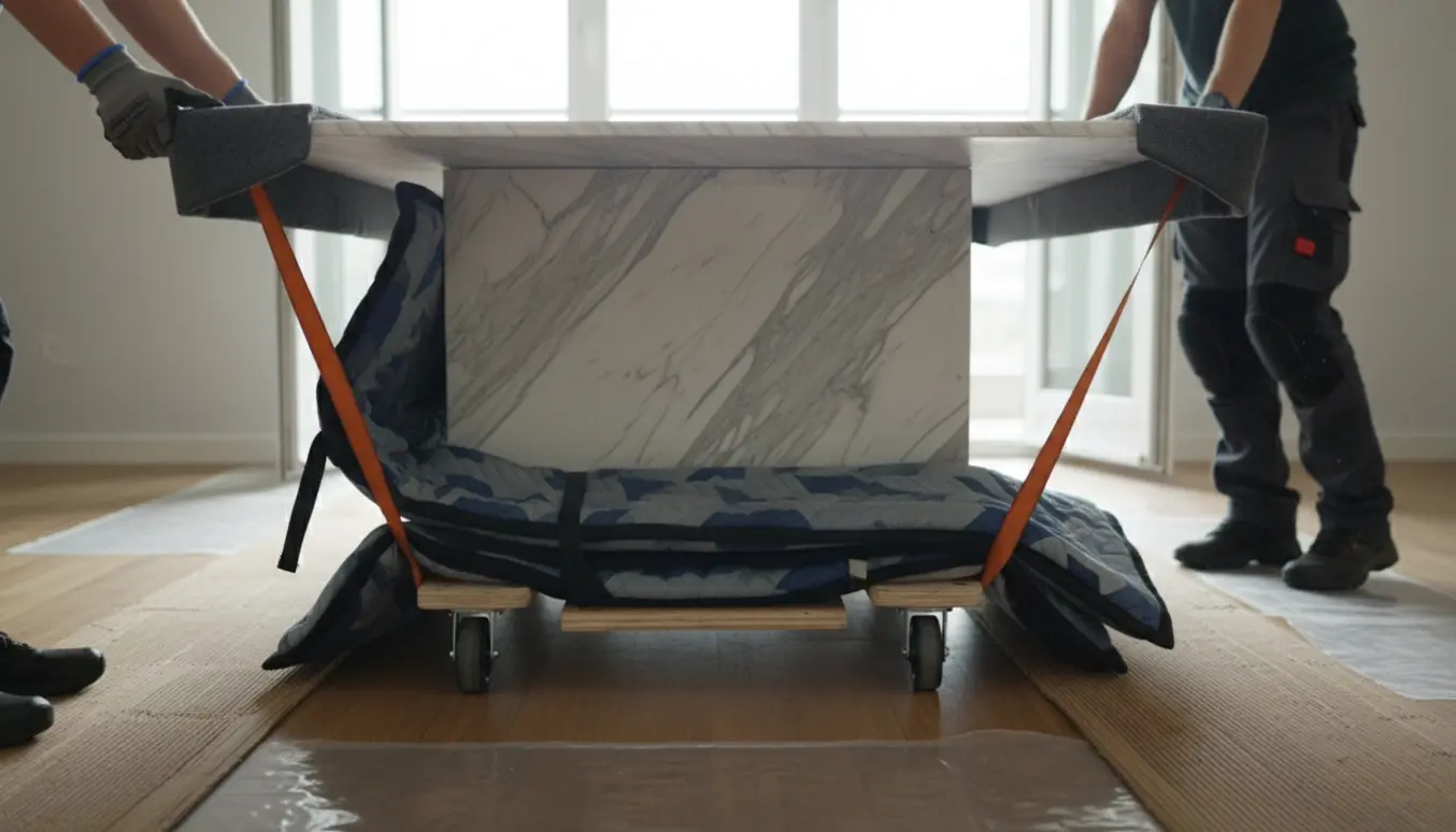 To personer flytter et tungt marmor spisebord i en lys, moderne lejlighed med remme og beskyttelse på gulvet.
