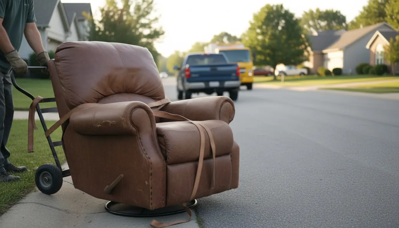 Stor slidt læderlænestol på fortovet klar til afhentning, to par hænder spænder remme om den.