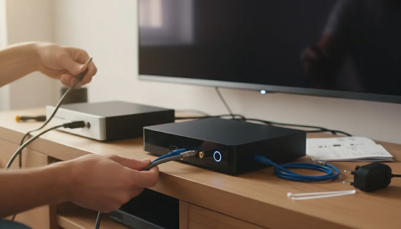 Hænder tilslutter HDMI-, coaxial- og netværkskabler til en ny tv-boks på et mediebord.