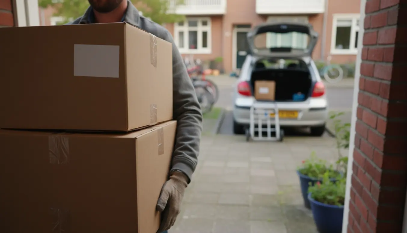 To flyttekasser bæres ud fra en opgang mod en åben bilbagagerum på en rolig boliggade.