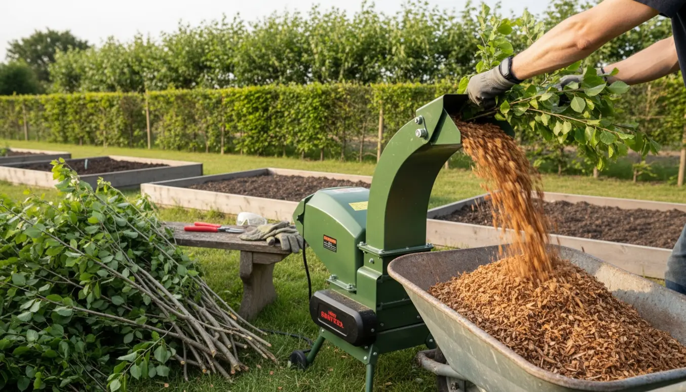 En have med en fræser, bunke beskårne bøgegrene og en trillebør fyldt med træflis klar til køkkenhaven.