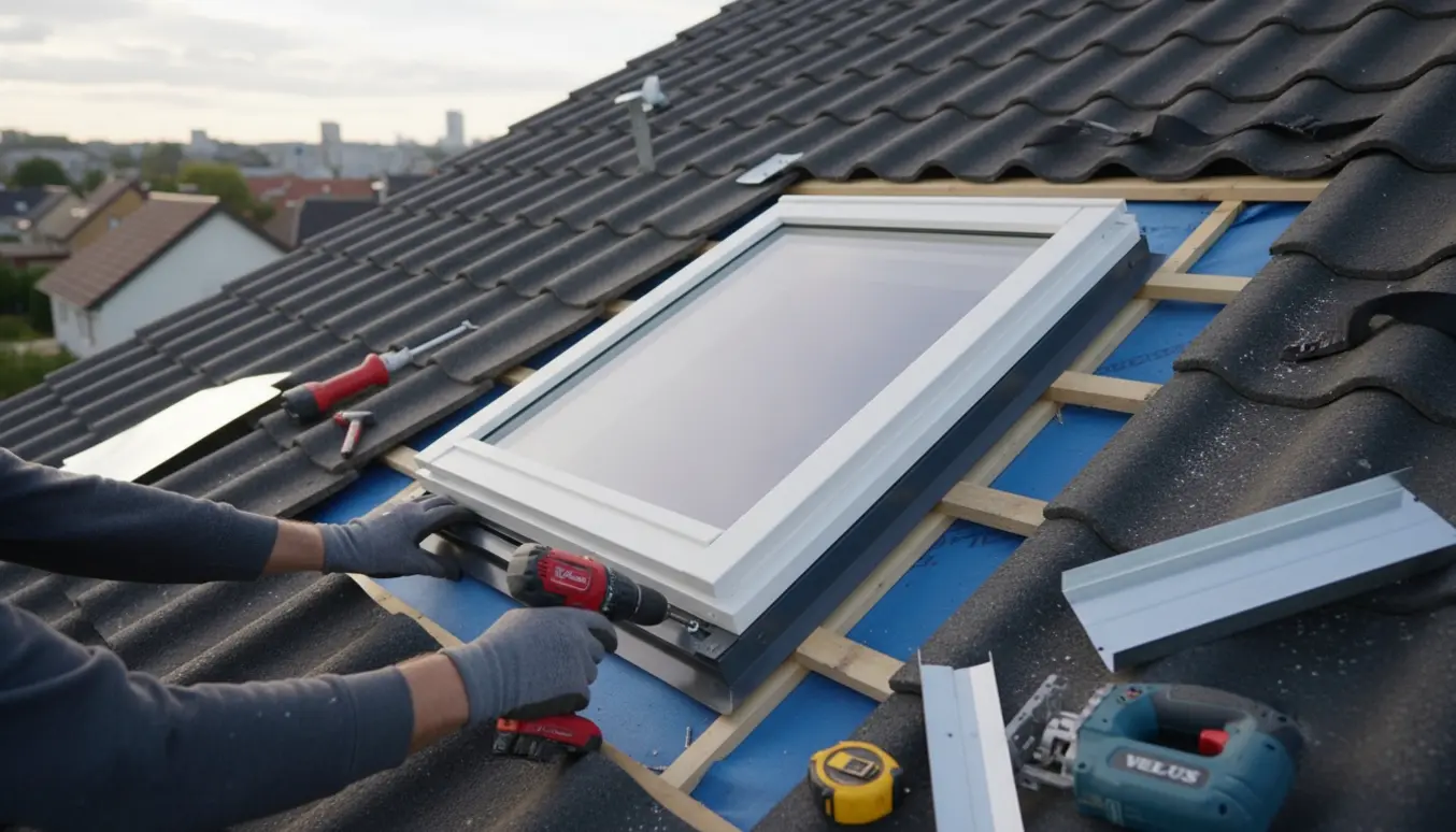 Montering af Velux-tagvindue i etanittag med håndværkers hænder, værktøj og tætning i fokus.