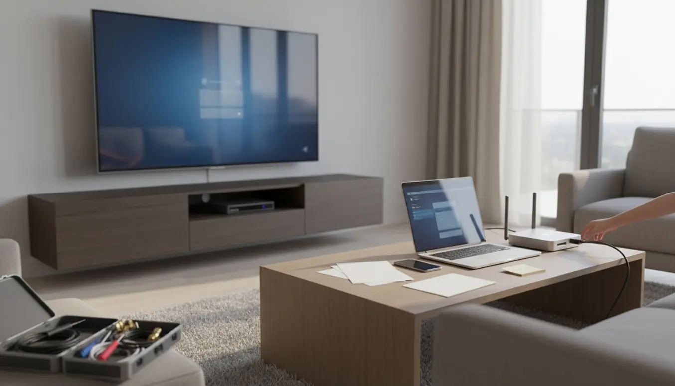 Stue med smart-tv, bærbar og kabler mens hænder tilslutter enheder under opsætning.