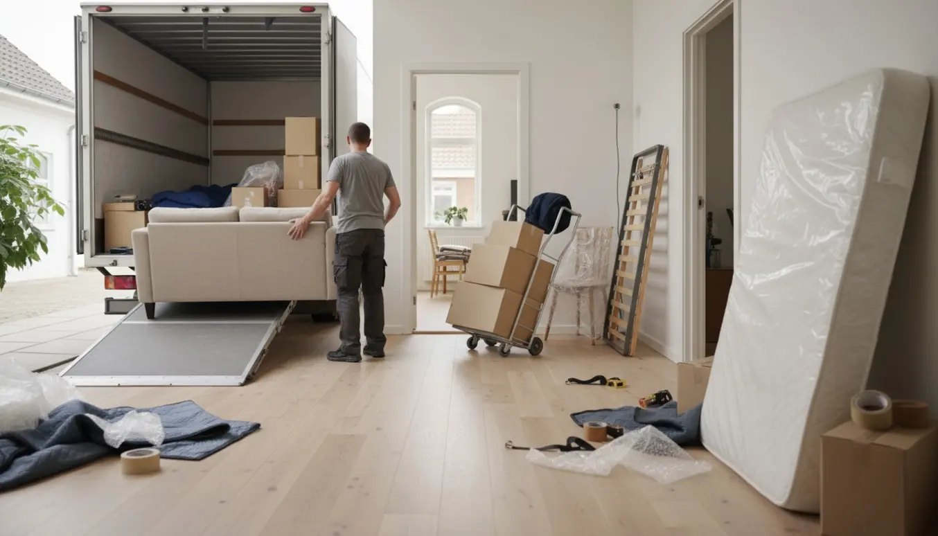 Flyttefolk læsser møbler og pakkede kasser ind i en åben flyttevogn foran et lyst hus med fire fyldte værelser.