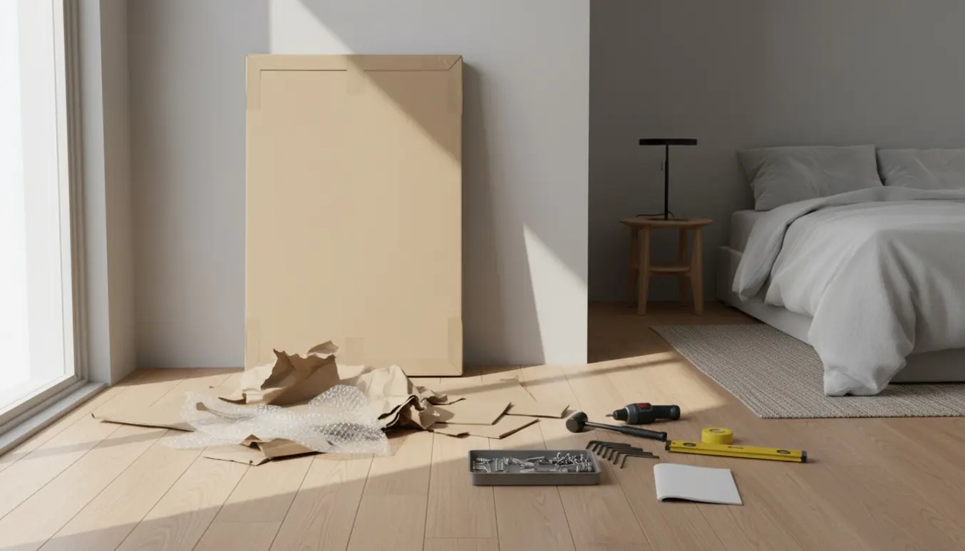 Uåbnet garderobeskab i soveværelse omgivet af emballage og samleværktøj.
