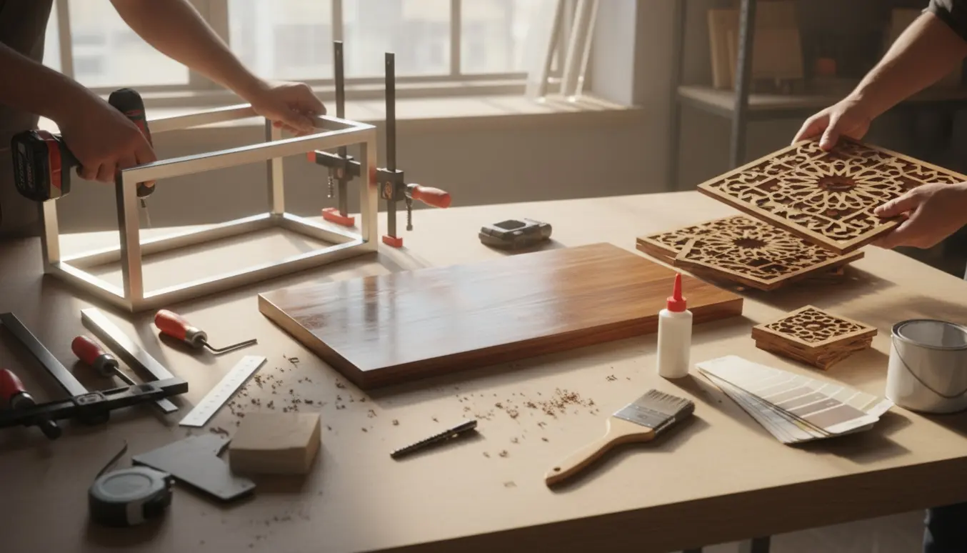 Møbelsnedkerens hænder monterer et stel og to rammeforslag — et enkelt og et marokkansk-inspireret — omkring et rektangulært træbillede på en arbejdsbænk.