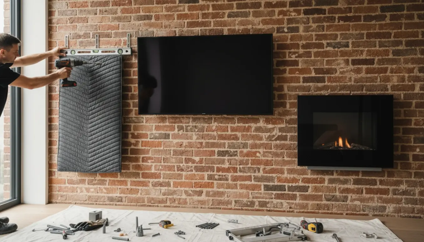 TV på en solid murstensvæg med et tungt akustisk vægtæppe på den ene side og en væghængt biopejs på den anden.