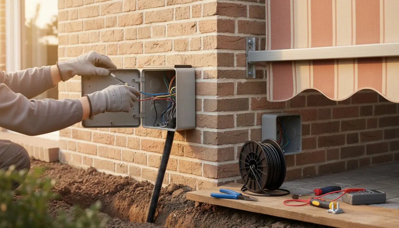 Elektriker forbinder ledninger i et udendørsstik ved husfacaden med nedgravet flexrør og en markise i baggrunden.