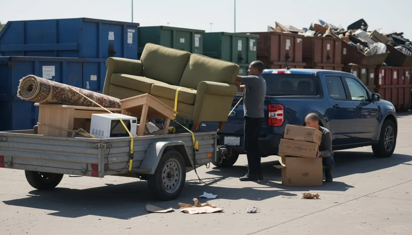 Trailer med møbler og kasser ved en genbrugsstation på en solrig dag, to personer læsser af med ansigter vendt væk.