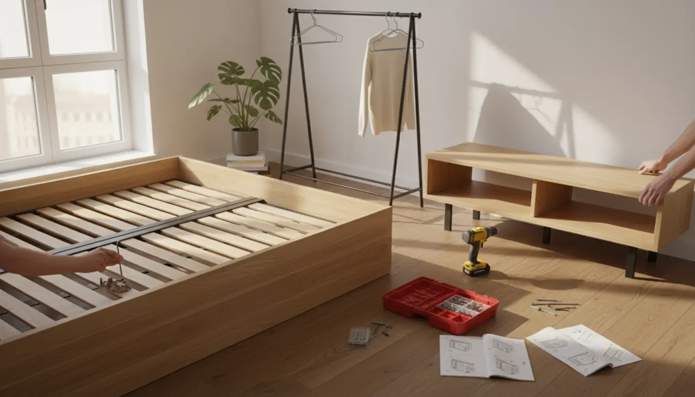 Delvist samlet seng, tøjstativ og tv-bord med værktøj spredt på gulvet i et lyst, ryddeligt rum.