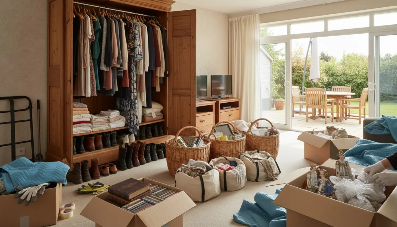 Ryddning af mindre dødsbo med åbent klædeskab, kasser, møbler, bøger og porcelæn klar til flytning.