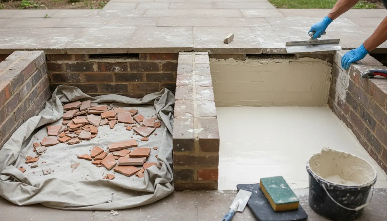 To lyskasser under renovering med fjernede fliser, friske hvide pudsede vægge og hænder der udglatter puds.