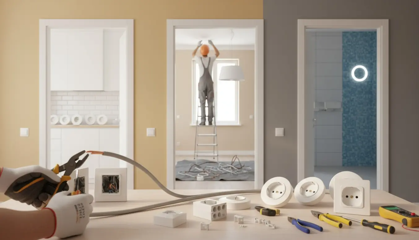 Installatør monterer ny elledning, stikkontakter og lamper i et hjem med værktøj og ledninger i forgrunden.