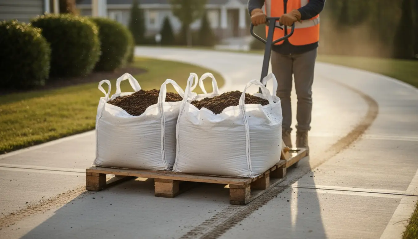 To bigbags med jord på en trælæst flyttes med en manuel palleløfter ned ad en indkørsel.