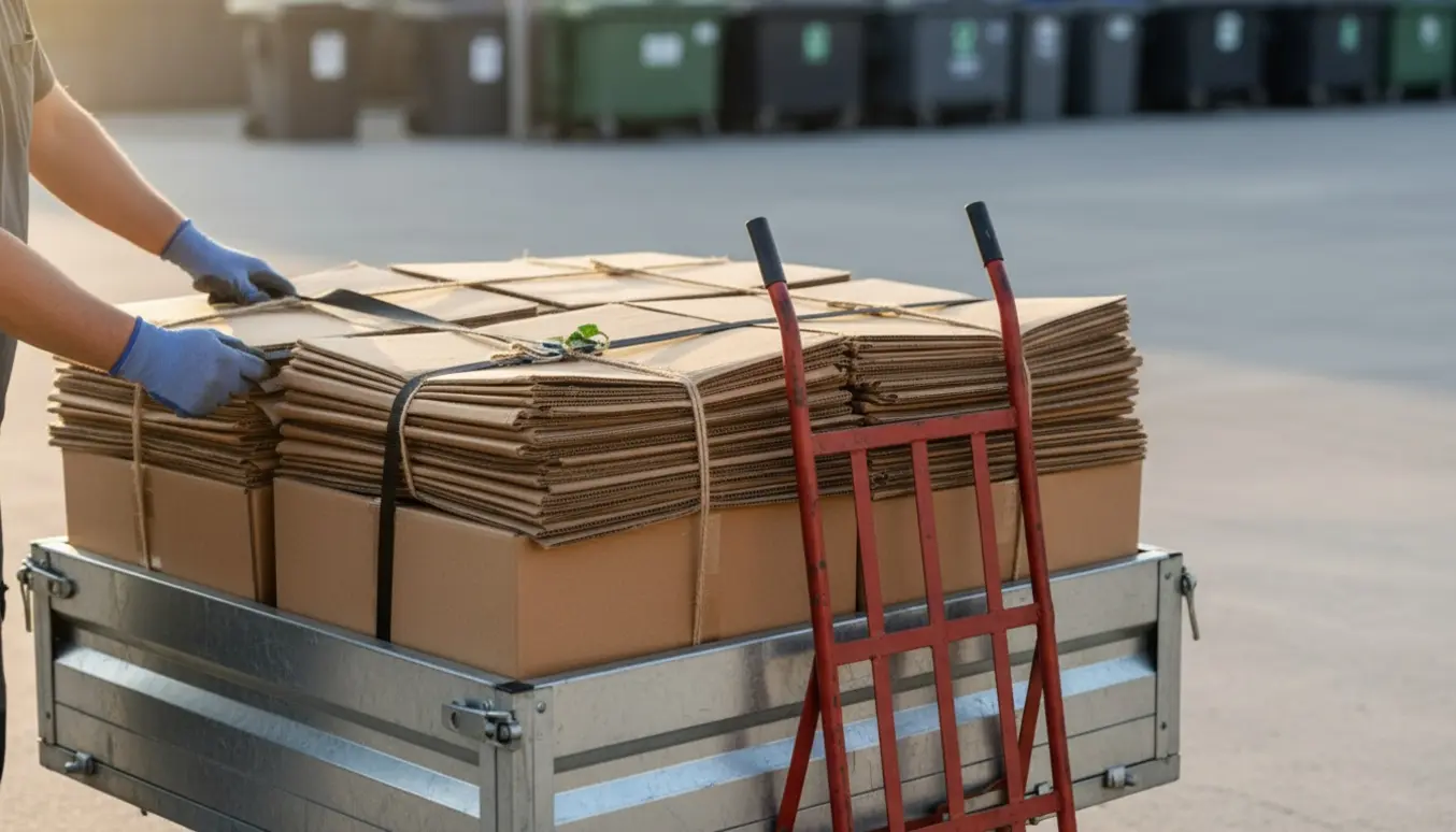 En person fra ryggen sikrer sammenfoldede papkasser på en havetrailer ved en genbrugsplads.
