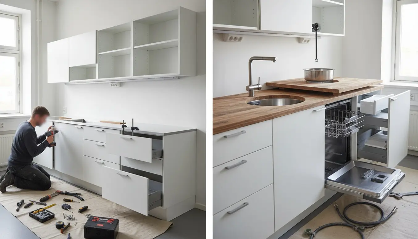 Montør monterer to skandinaviske køkkener med skabe, vask, opvaskemaskine og bordplade i et lyst pauserum.