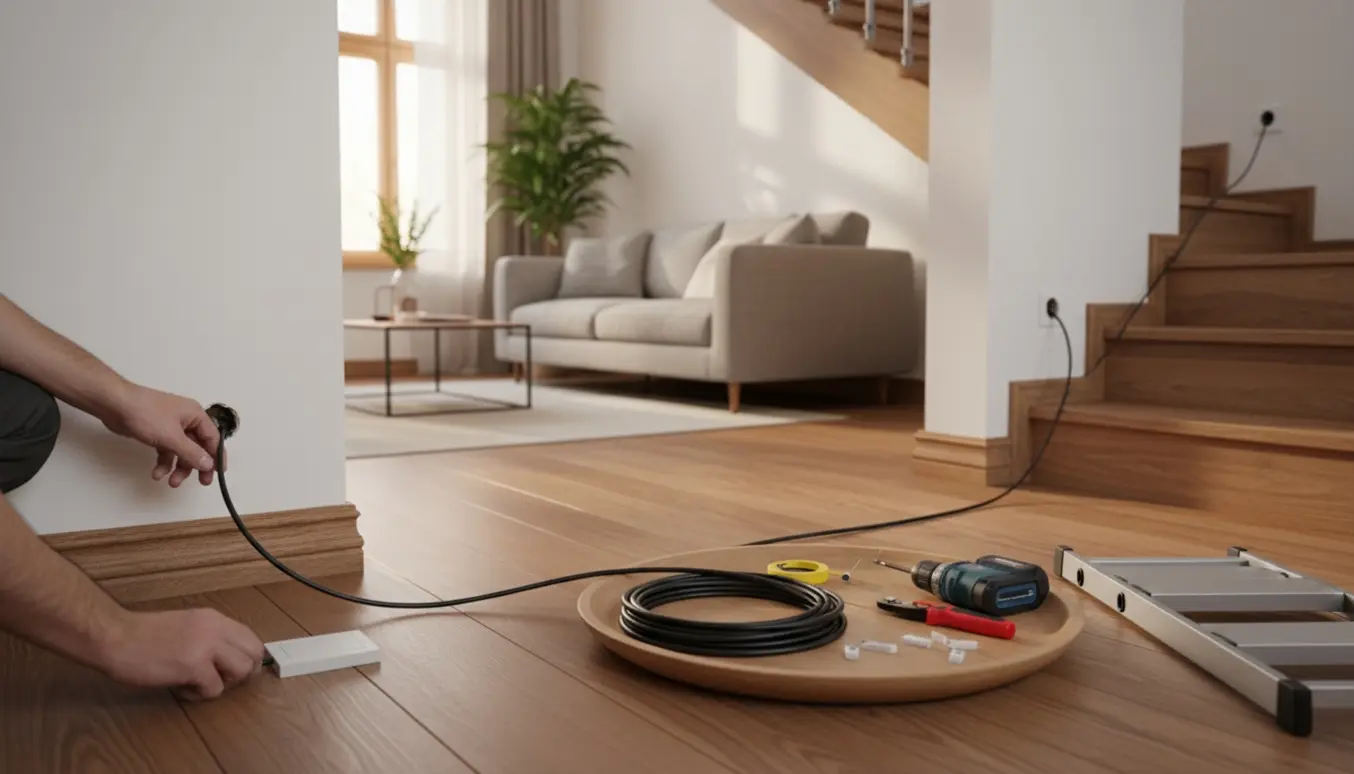 Hænder fører antennekabel fra stuen op ad trappen med værktøj og kabelrulle i et lyst hjem.