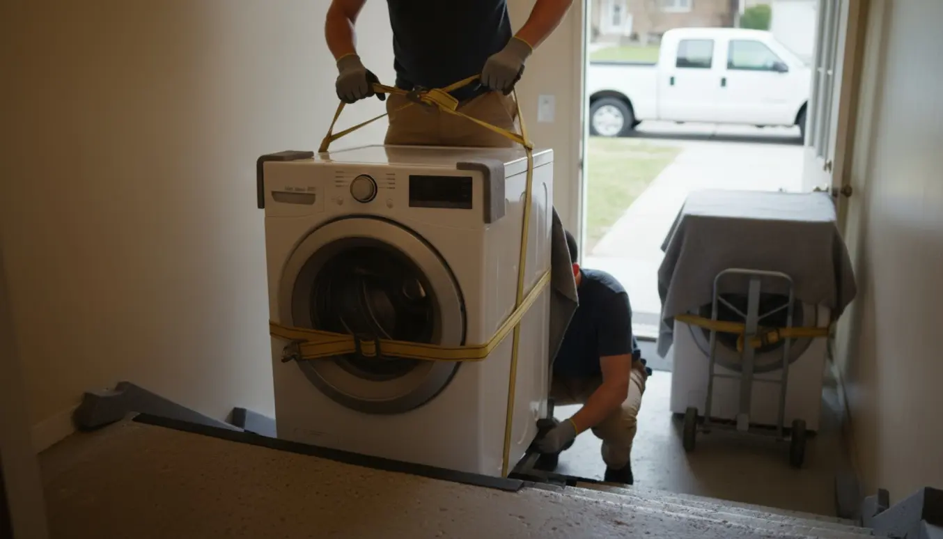 To personer bærer en ny vaskemaskine ned ad kældertrappen med tralle og stropper, mens den gamle maskine er pakket og klar ved døren.