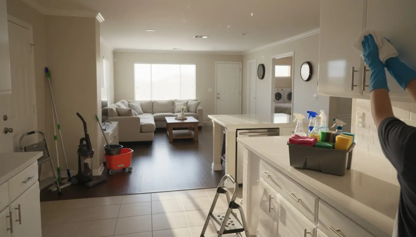 En person med gummihandsker aftørrer overskabe i et lyst, åbent stue-køkken mens rengøringsmidler og udstyr står klar.