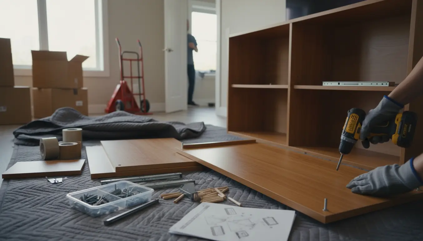 Nærbillede af hænder, der skiller og samler et træmøbel med værktøj, flyttekasser og beskyttelsesdækkener i en lys stue.