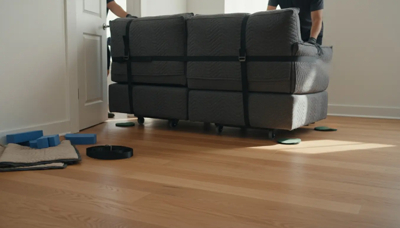 Modulsofa pakket ind i flyttetæpper bæres gennem en lys lejlighedsdør.