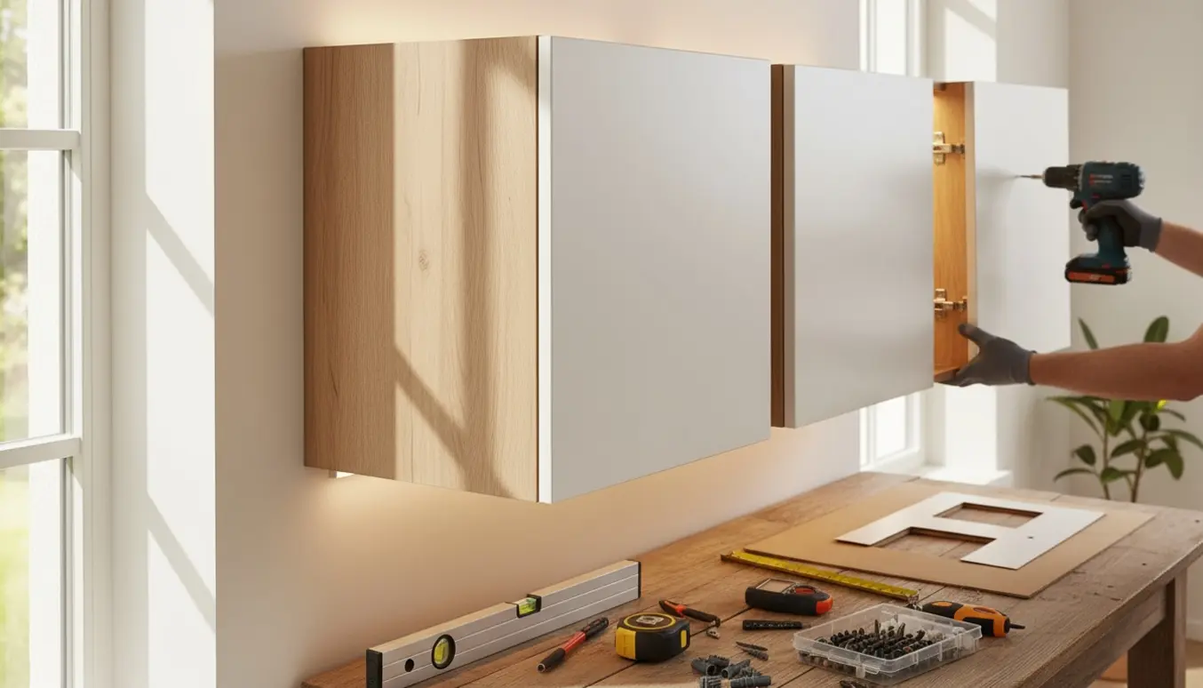 To moderne væghængte skabe monteres; det ene åbent med varmt LED-lys og værktøj i forgrunden.