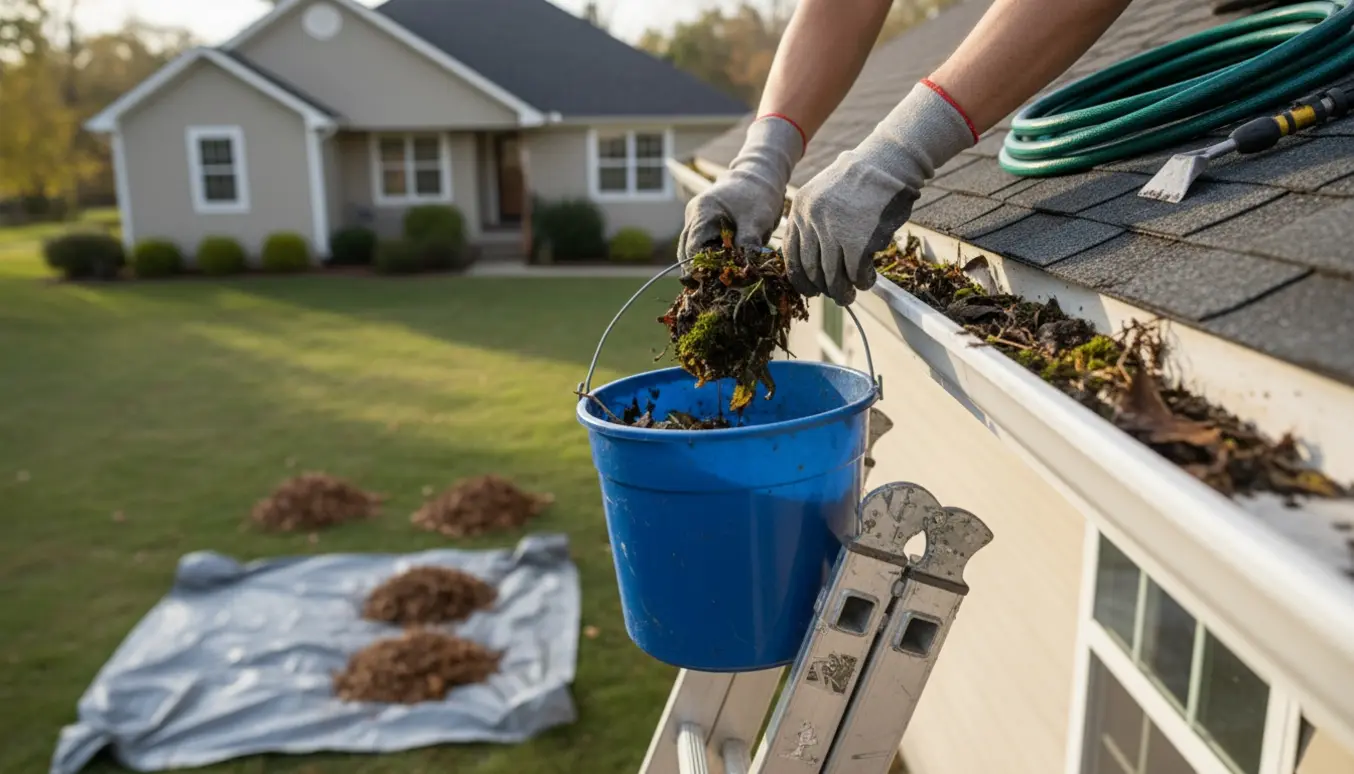 Handsker fjerner blade og snavs fra en tagrende på et 122 m² parcelhus med stige og spand i baggrunden.