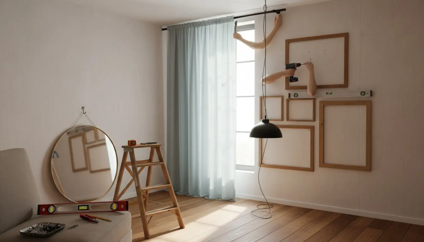 Hænder monterer lampe, gardin, spejl og billedrammer i et lyst soveværelse/stue.