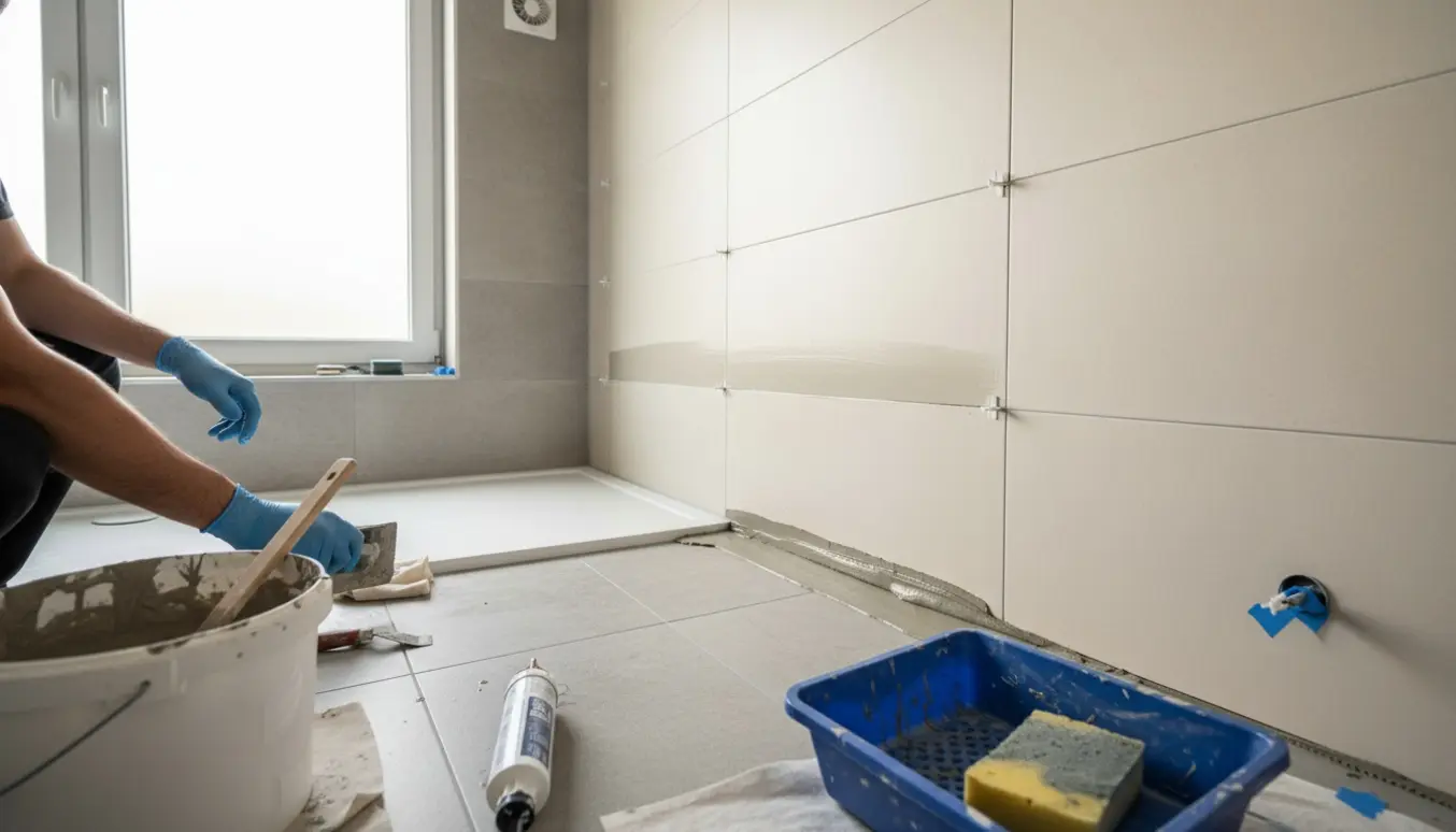 Nærbillede af handskerede hænder, der fuge med epoxy mellem store væg- og gulvklinker i et lyst badeværelse.