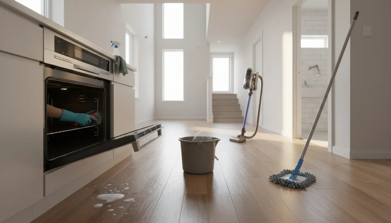 Rummeligt hus til flytterengøring med handsker, spand, moppe og skinnende ovn i naturligt sollys.