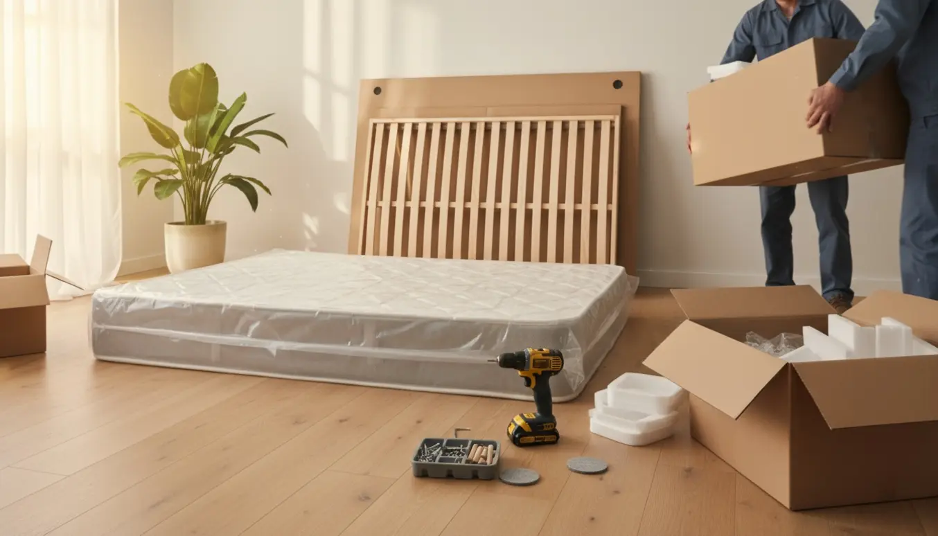 Uåbnet, fladtpakket seng og værktøj i et lyst soveværelse, to personer løfter en kasse uden ansigter i billedet.