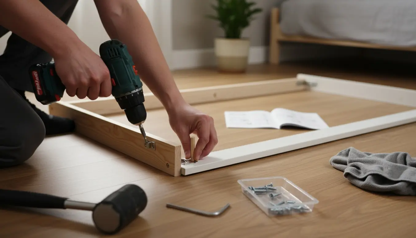 Nærbillede af hænder, der monterer et fladtpakket garderobeskab i et lyst soveværelse med værktøj på gulvet.