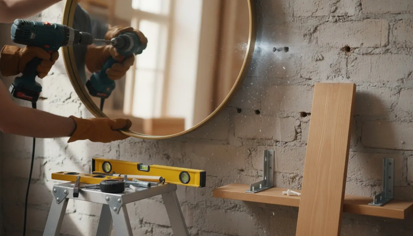 Hænder monterer et stort rundt spejl og to små hylder på en muret væg.