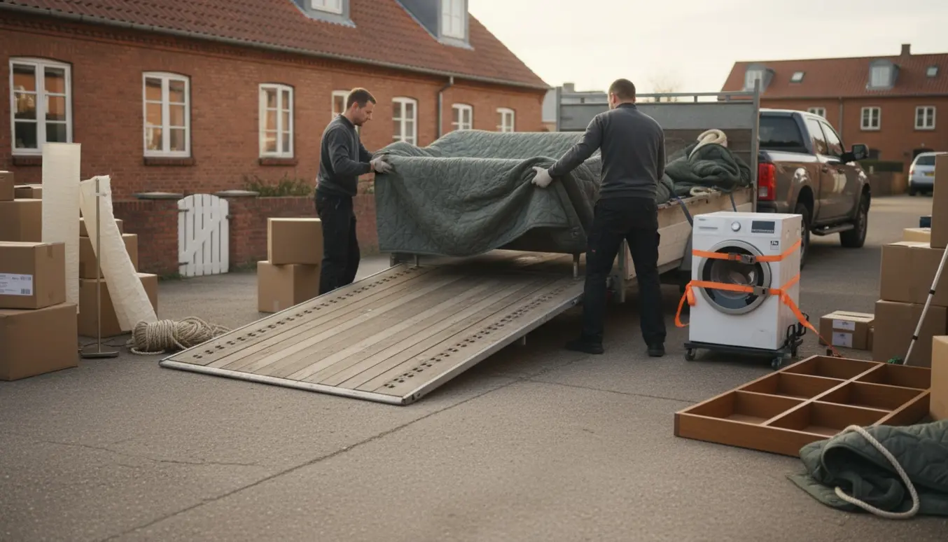 Lastning af store ting på en trailer uden for privat hus på Amager.