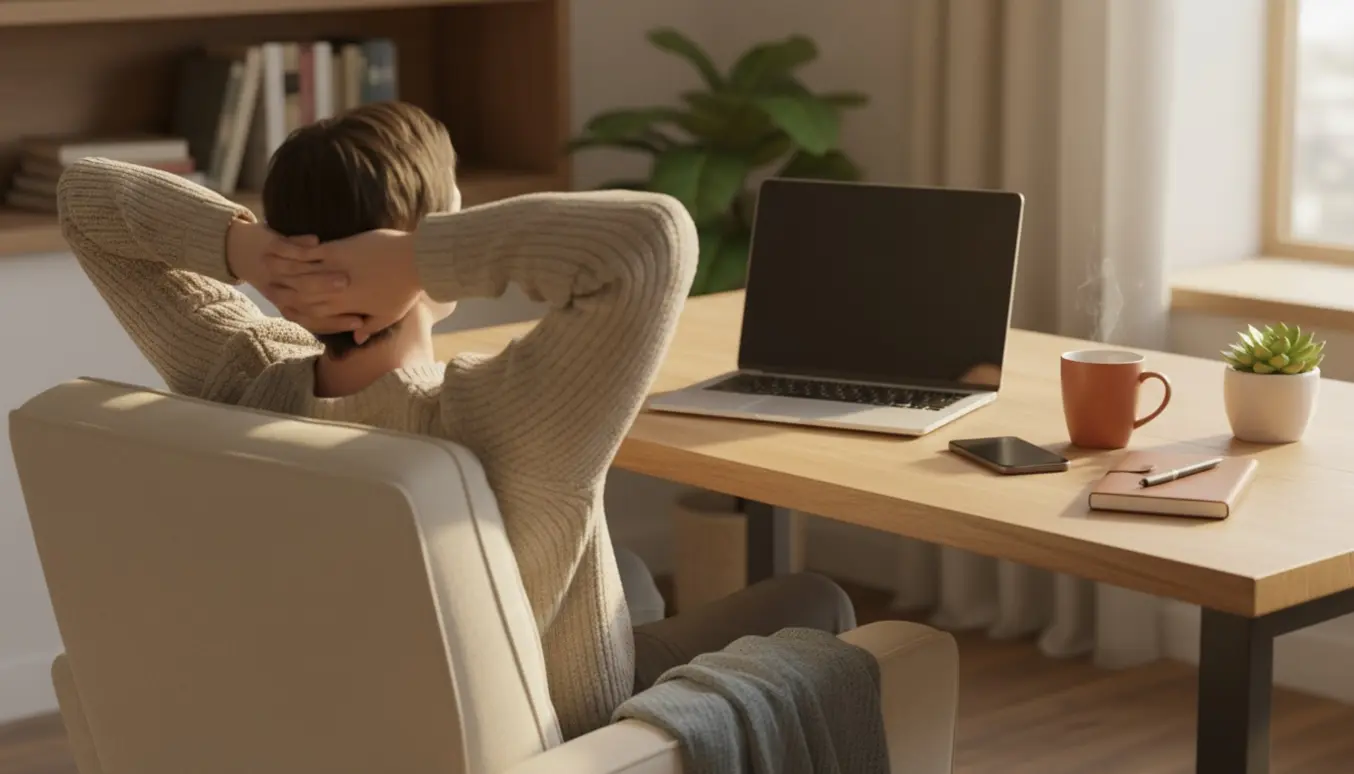 Person i hjemmekontor læner sig afslappet tilbage foran en laptop og ser ud til ikke at have brug for hjælp.