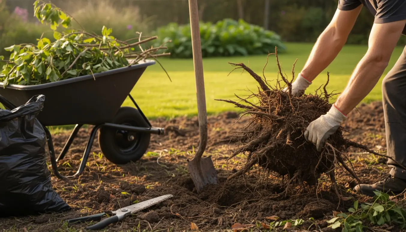 Gartner fjerner sommerfuglebusk og små buske med spade og trillebør, rødder synlige.